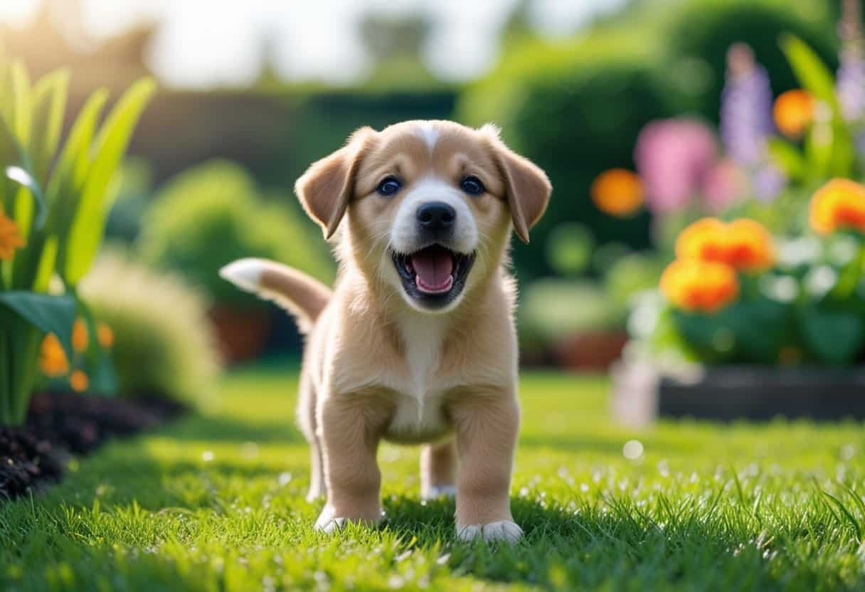 A happy puppy barking while standing on green grass in a garden with plants and flowers.