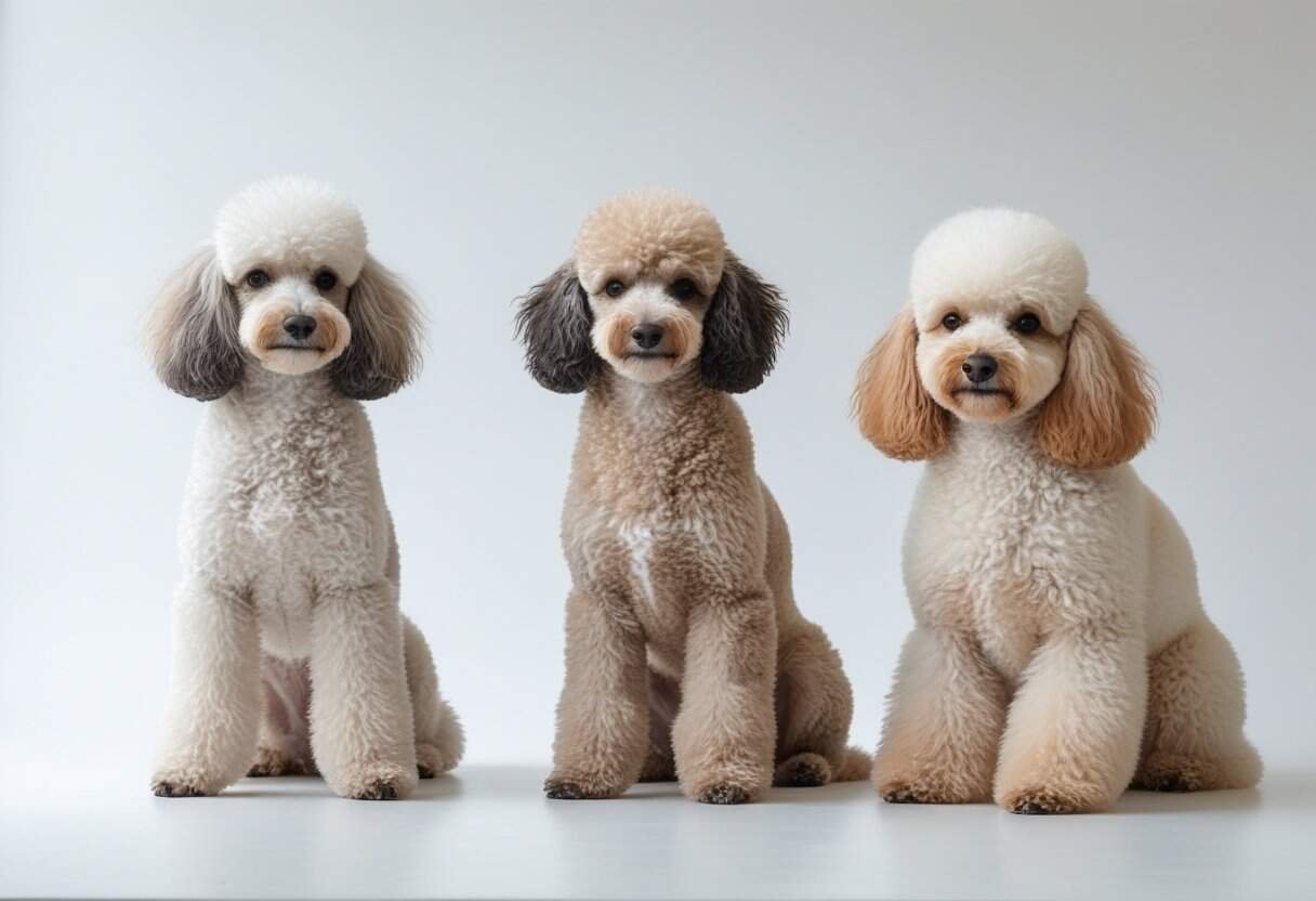 Three poodles of different sizes and colors sitting on a white background.