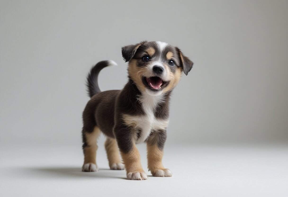 A small puppy barking with its mouth open and ears perked up on a neutral background.