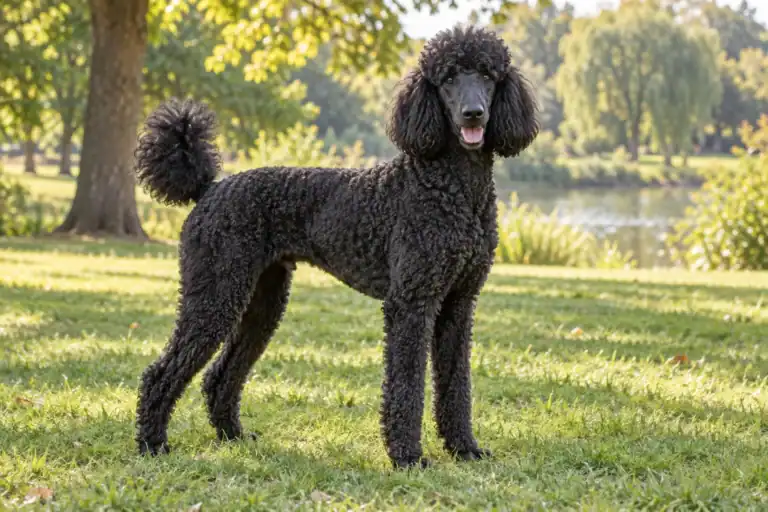 AI illustration of a black Standard Poodle standing in a grassy park.
