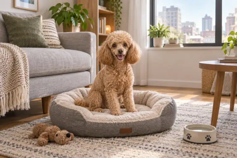 AI illustration of a small apricot poodle on a dog bed in an apartment.