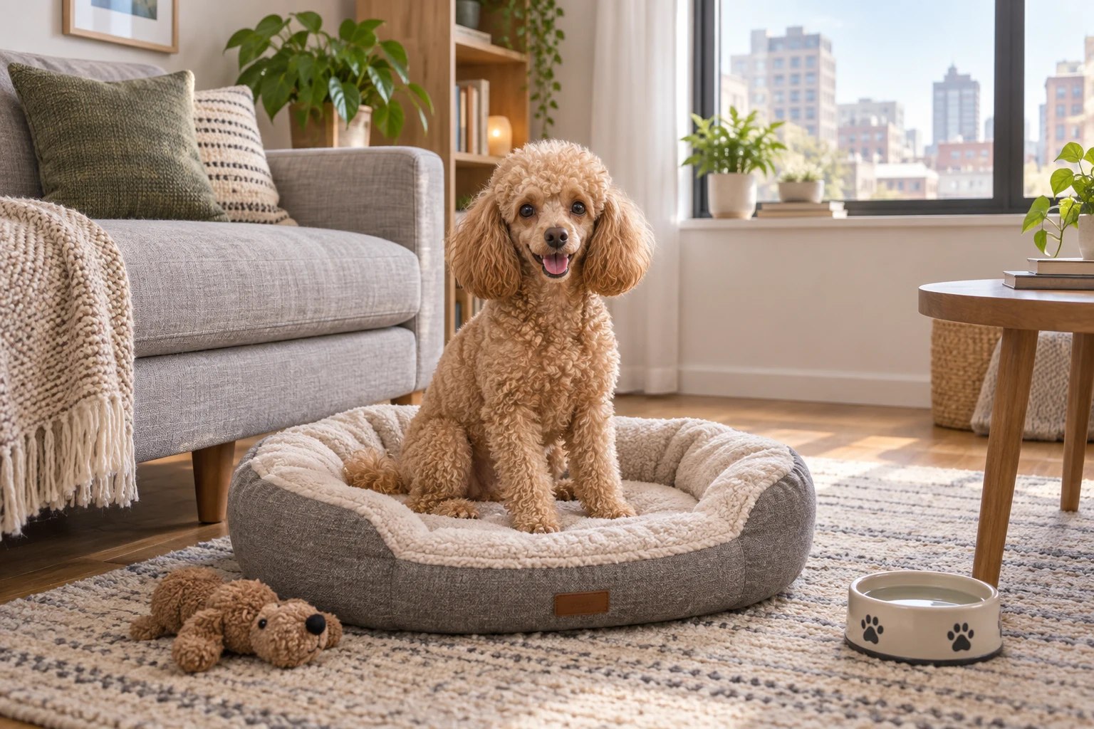 AI illustration of a small apricot poodle on a dog bed in an apartment.
