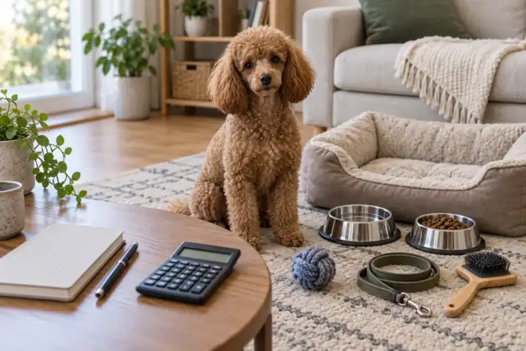 AI illustration of a brown poodle with care supplies and a calculator for budget planning.