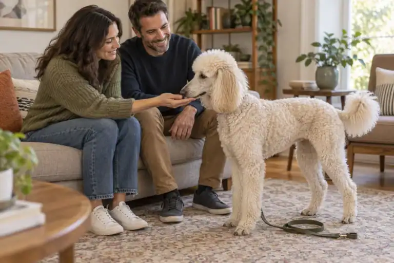 AI illustration of a cream poodle greeting two adults in a home.