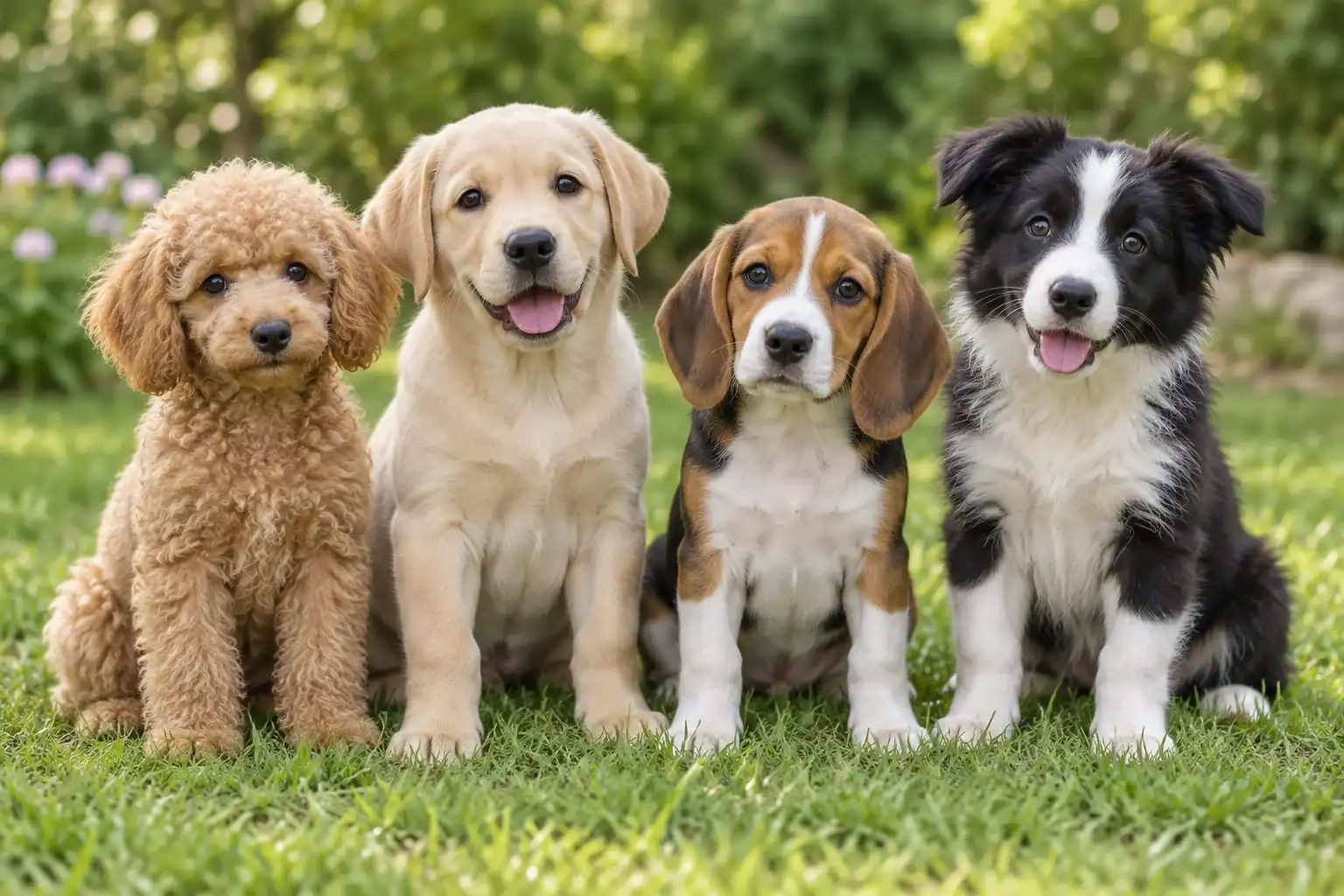 Illustration of poodle, Labrador, beagle and border collie puppies sitting together on grass.