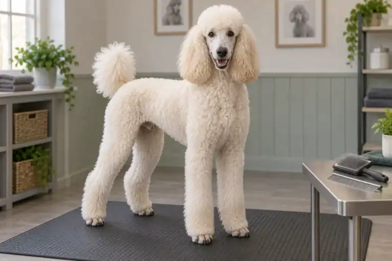 AI illustration of a cream Standard Poodle in a grooming room beside a brush and comb.