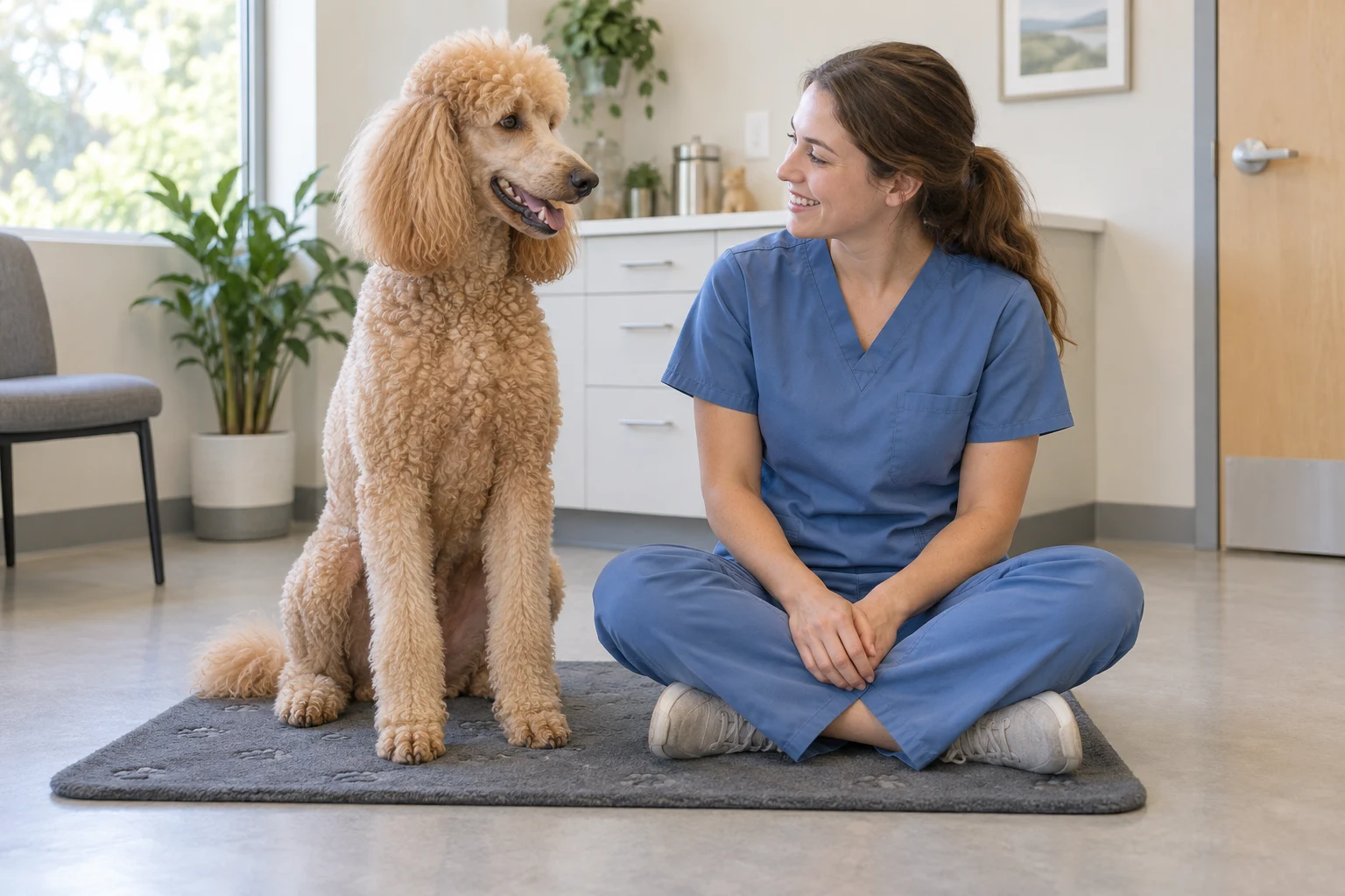 AI illustration of an apricot Standard Poodle sitting beside a veterinary professional in a consultation room.
