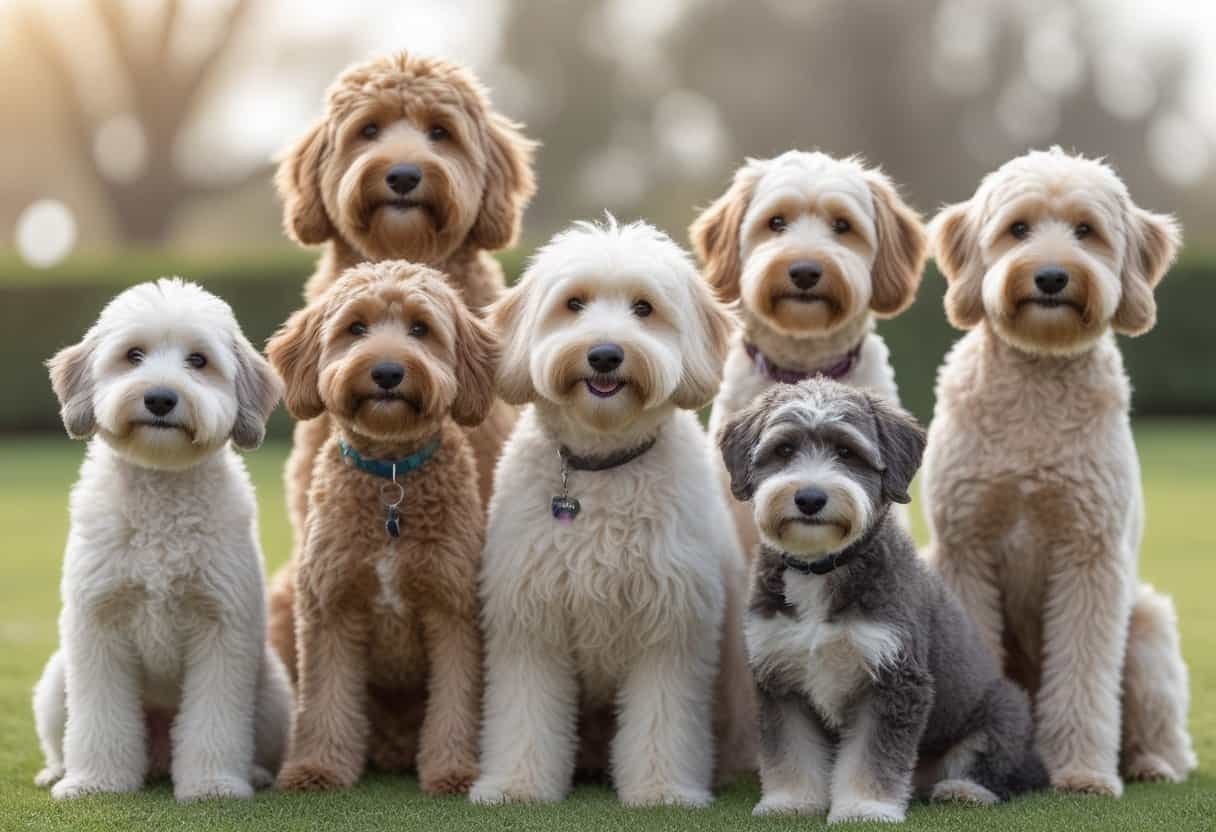 A group of different doodle dog breeds sitting and standing together outdoors in a park.