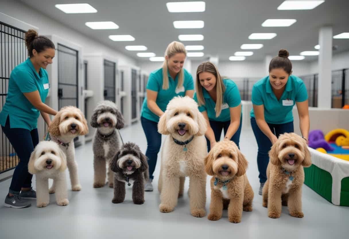 Volunteers and staff caring for doodle dogs in a clean animal shelter with kennels and play areas. Volunteers and staff caring for doodle dogs in a clean animal shelter with kennels and play areas.