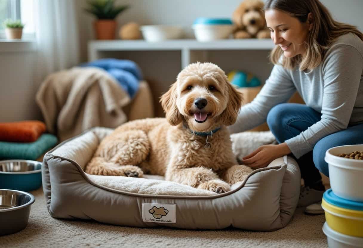 A person gently interacting with a relaxed doodle dog resting on a dog bed in a cozy indoor foster care setting. A person gently interacting with a relaxed doodle dog resting on a dog bed in a cozy indoor foster care setting.