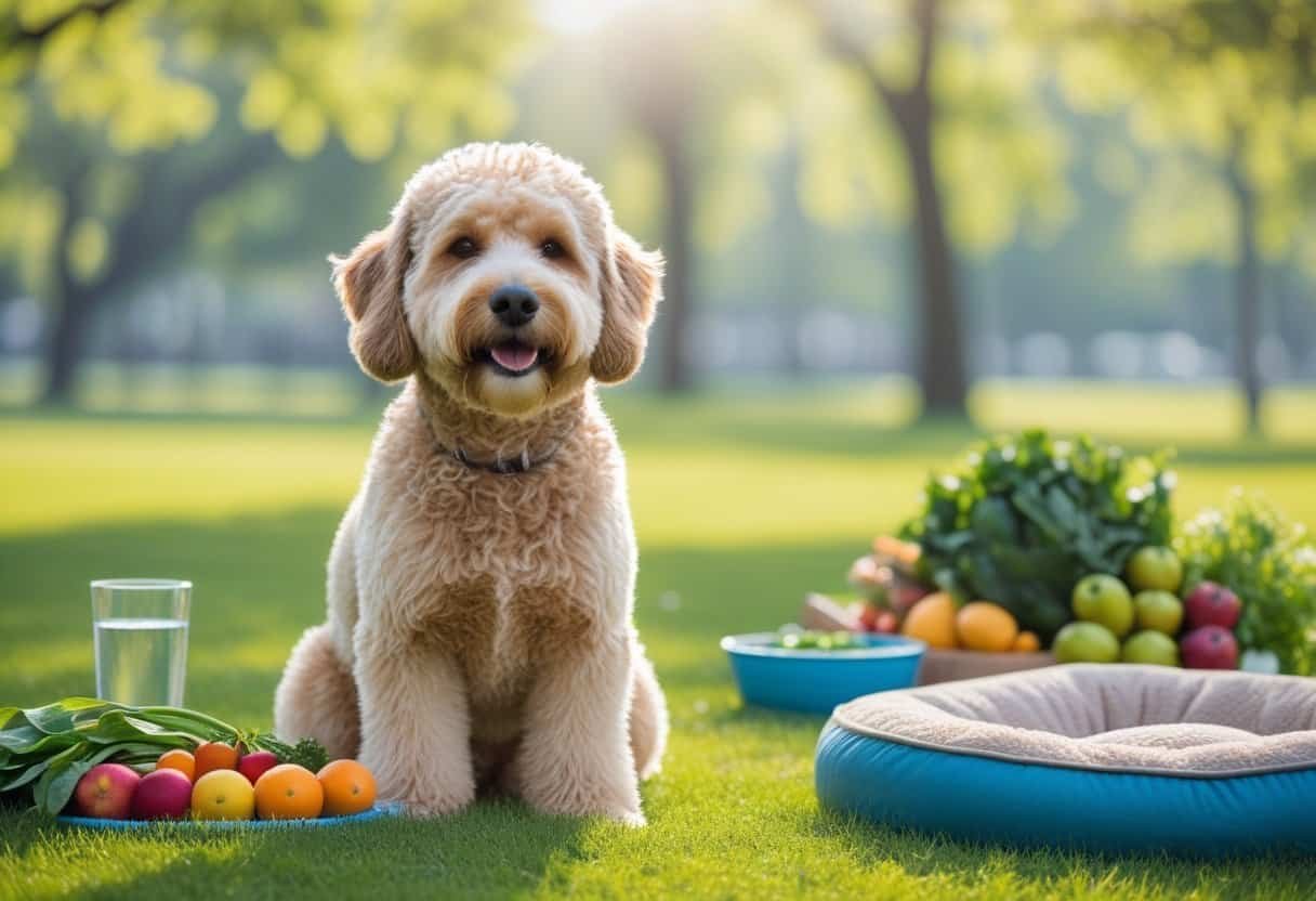 A happy Rescue Doodle dog sitting on green grass in a sunny park surrounded by fresh fruits, vegetables, and a water bowl. A happy Rescue Doodle dog sitting on green grass in a sunny park surrounded by fresh fruits, vegetables, and a water bowl.