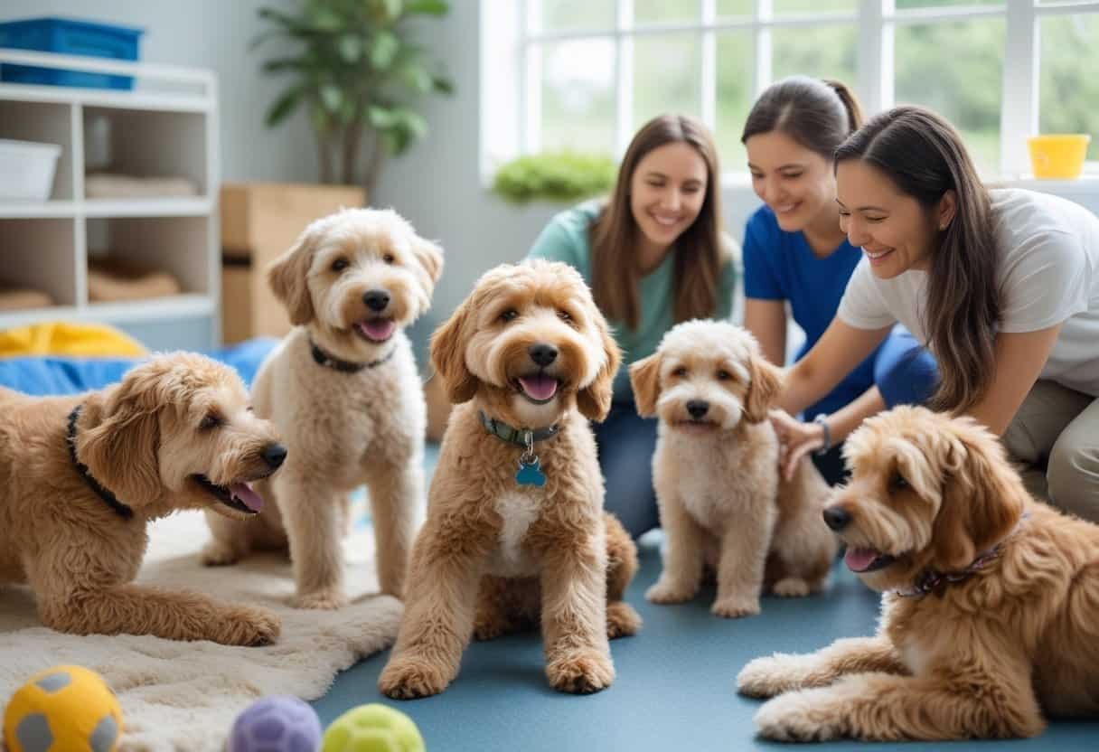 Several happy doodle dogs playing and being cared for by volunteers in a bright and cozy animal rescue environment. Several happy doodle dogs playing and being cared for by volunteers in a bright and cozy animal rescue environment.