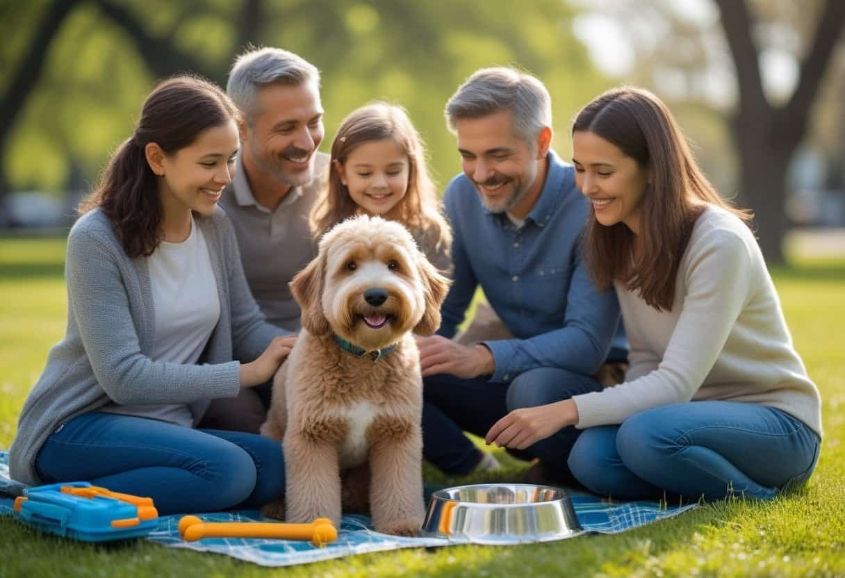 A family enjoying time outdoors with a doodle dog sitting beside them in a park. A family enjoying time outdoors with a doodle dog sitting beside them in a park.