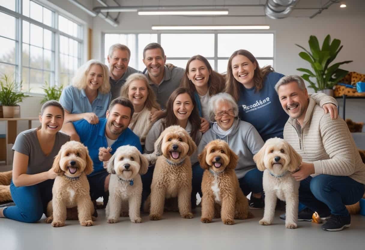 People happily interacting with several doodle dogs in a bright and welcoming dog rescue center. People happily interacting with several doodle dogs in a bright and welcoming dog rescue center.