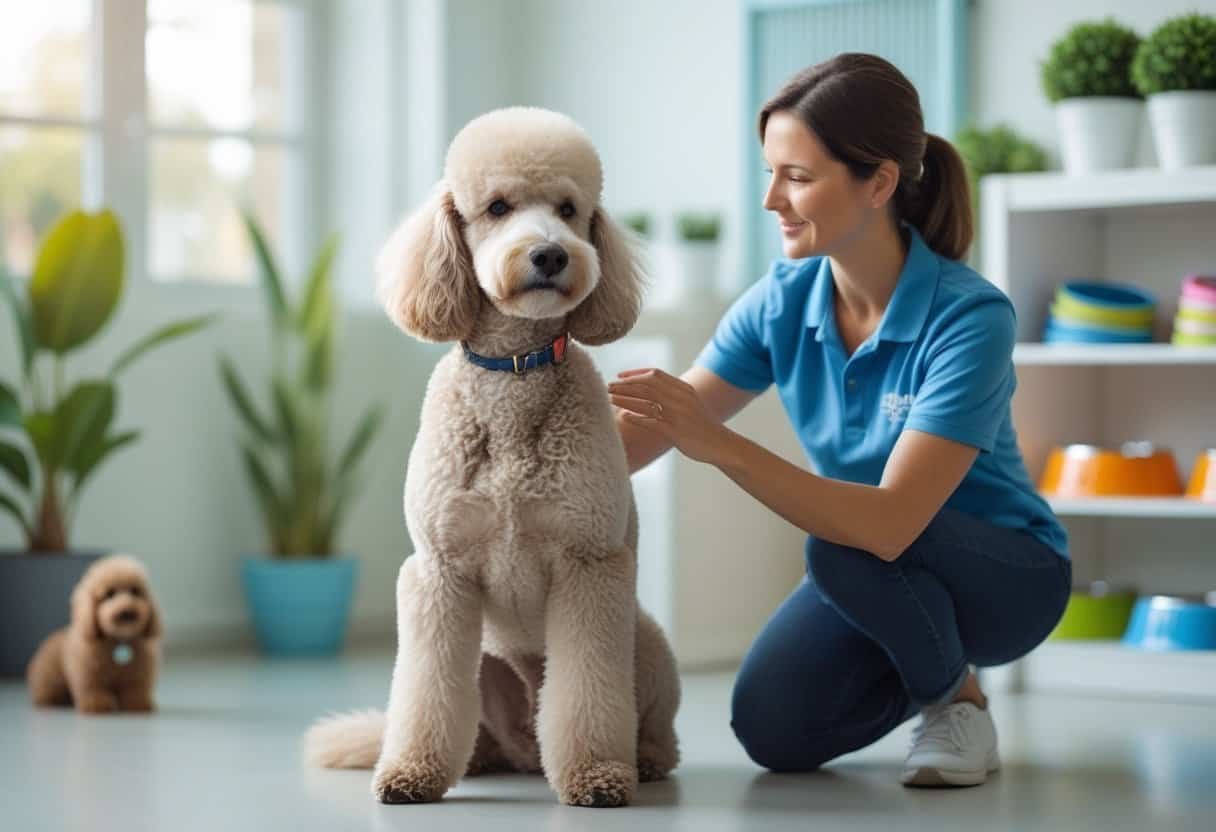 An adult poodle sitting indoors while a person gently pets it in a clean, welcoming animal rescue environment.