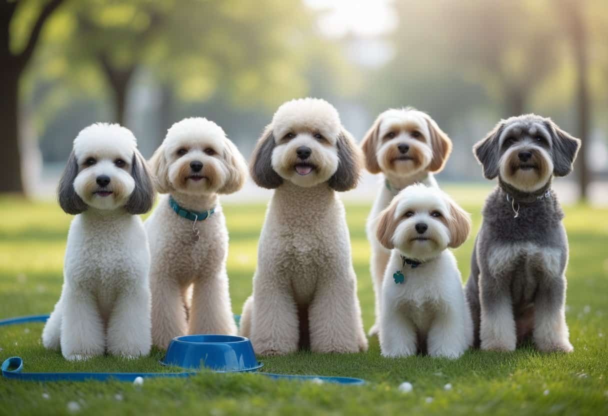 A group of hypoallergenic dogs including a Poodle, Bichon Frise, Portuguese Water Dog, and Maltese sitting together in a sunny park.