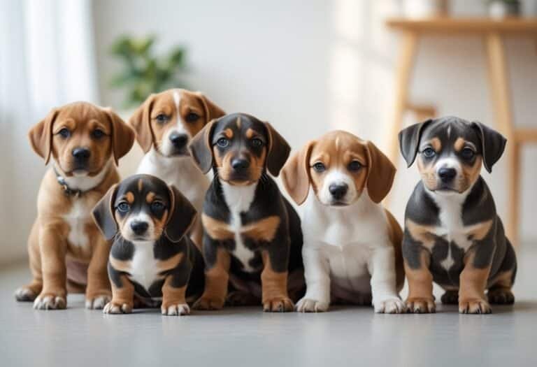 A group of healthy puppies of different breeds sitting and playing together indoors.