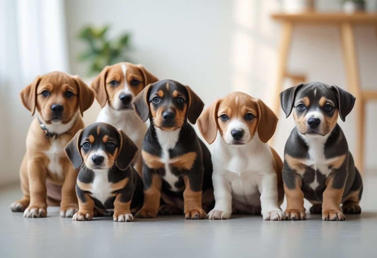 A group of healthy puppies of different breeds sitting and playing together indoors.
