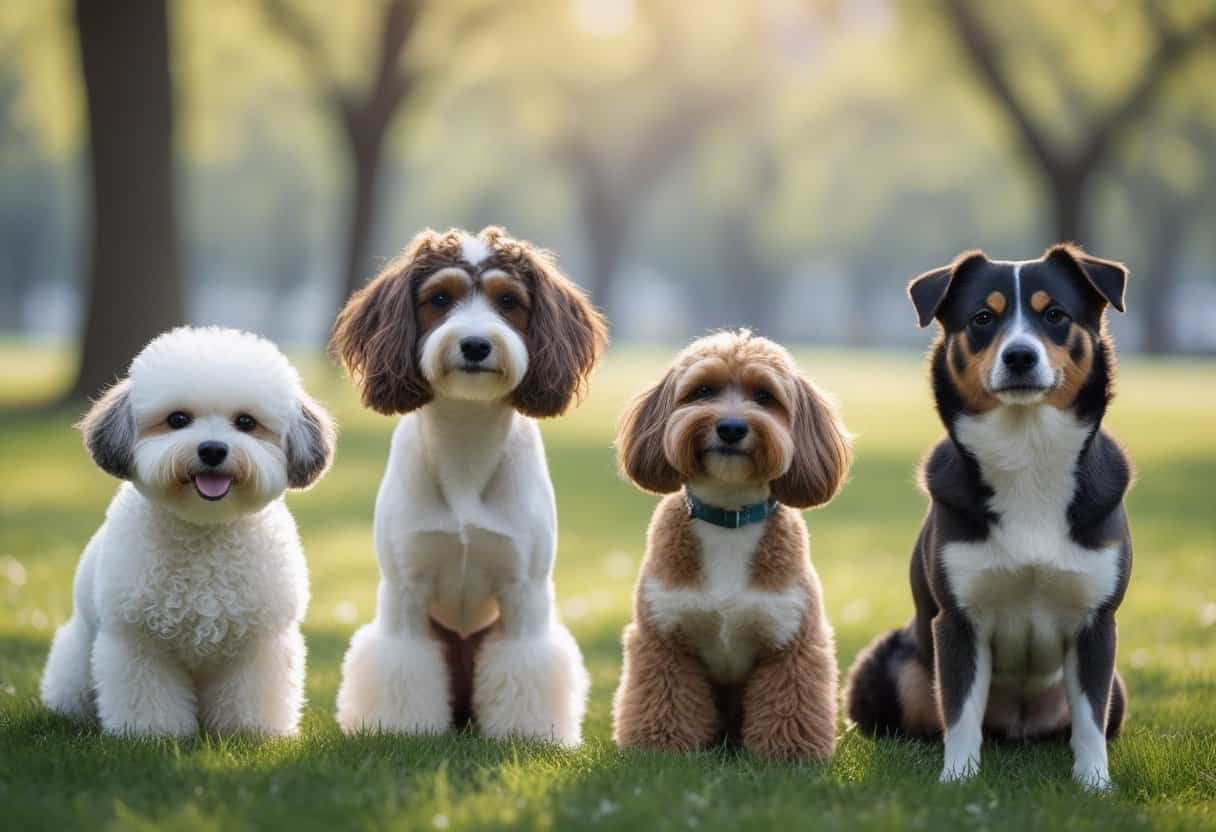 Four different hypoallergenic dog breeds sitting and standing on grass in a sunny park setting. Four different hypoallergenic dog breeds sitting and standing on grass in a sunny park setting.