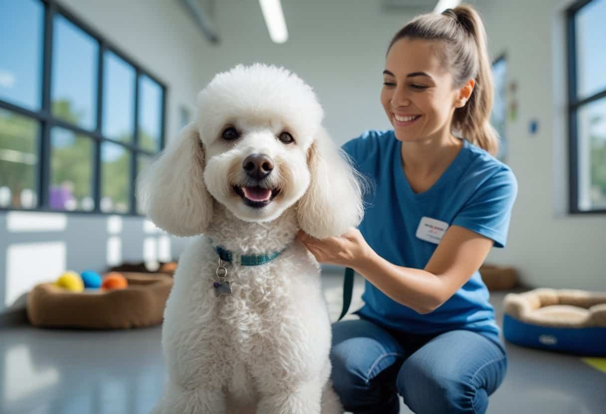A white poodle sitting in an animal shelter with a volunteer petting it, surrounded by pet beds and toys. A white poodle sitting in an animal shelter with a volunteer petting it, surrounded by pet beds and toys.