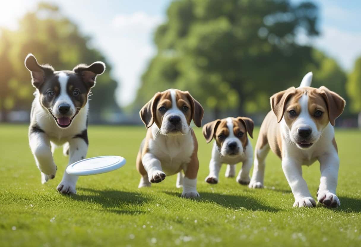 Several different puppy breeds in a sunny park, including an active Border Collie running, a calm Bulldog sitting, a curious Beagle sniffing, and a playful Jack Russell Terrier chasing a ball. Several different puppy breeds in a sunny park, including an active Border Collie running, a calm Bulldog sitting, a curious Beagle sniffing, and a playful Jack Russell Terrier chasing a ball.
