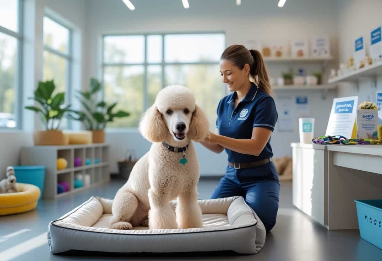 A friendly poodle sitting on a dog bed inside a bright adoption room with a rescue worker nearby. A friendly poodle sitting on a dog bed inside a bright adoption room with a rescue worker nearby.