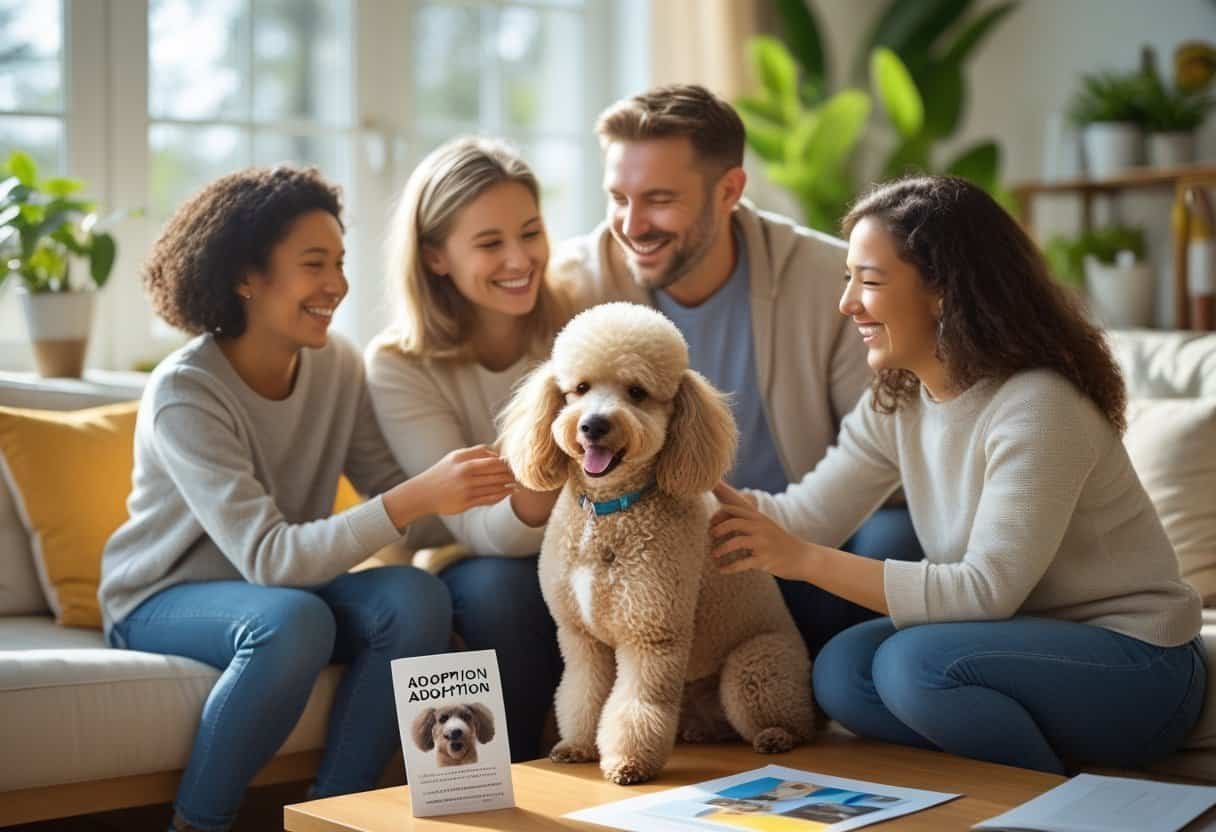 A happy family petting a friendly poodle in a bright living room, showing affection and companionship. A happy family petting a friendly poodle in a bright living room, showing affection and companionship.
