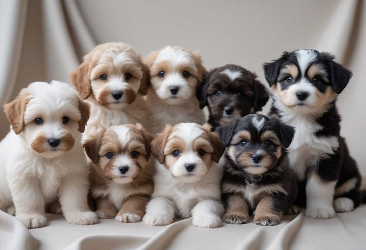 A group of unique and designer puppies sitting and playing together on a soft background. A group of unique and designer puppies sitting and playing together on a soft background.