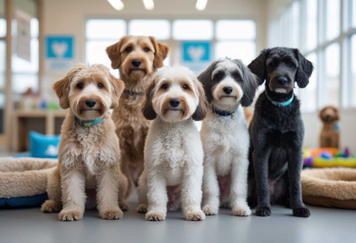 A group of mixed breed hypoallergenic dogs sitting and standing together in a bright indoor adoption center. A group of mixed breed hypoallergenic dogs sitting and standing together in a bright indoor adoption center.