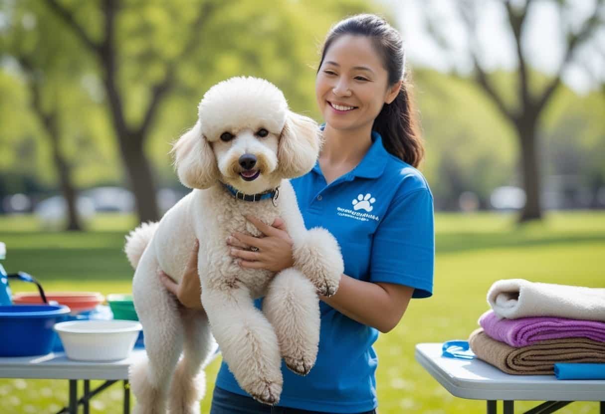 A volunteer gently holding a white poodle outdoors in a sunny park with pet care supplies nearby. A volunteer gently holding a white poodle outdoors in a sunny park with pet care supplies nearby.
