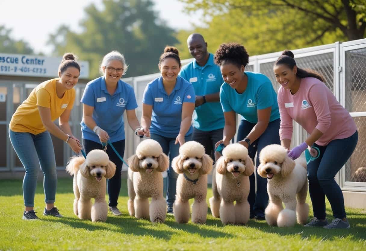Volunteers interacting happily with several poodles at an outdoor dog rescue center. Volunteers interacting happily with several poodles at an outdoor dog rescue center.