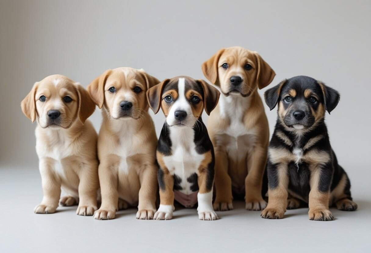 A group of six different puppies sitting together and looking curious on a neutral background. A group of six different puppies sitting together and looking curious on a neutral background.