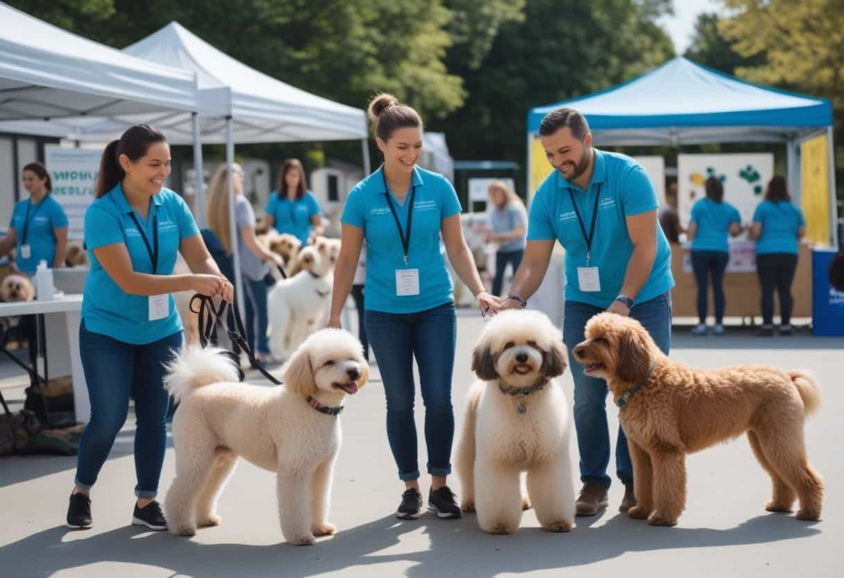 People interacting with hypoallergenic dogs at an outdoor dog adoption event hosted by rescue groups. People interacting with hypoallergenic dogs at an outdoor dog adoption event hosted by rescue groups.