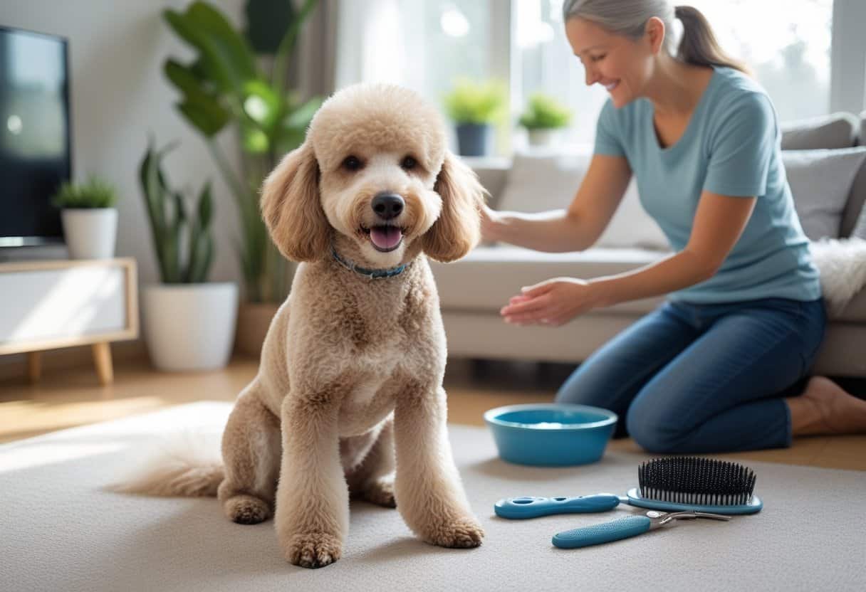 A person gently petting a calm poodle sitting on the floor in a bright living room with pet care items nearby. A person gently petting a calm poodle sitting on the floor in a bright living room with pet care items nearby.