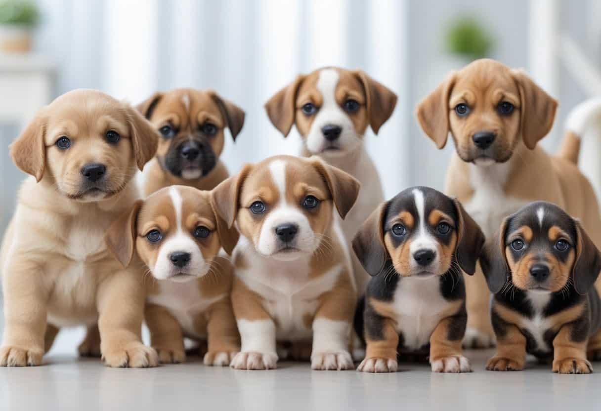 A group of different puppy dog breeds sitting and playing together indoors. A group of different puppy dog breeds sitting and playing together indoors.
