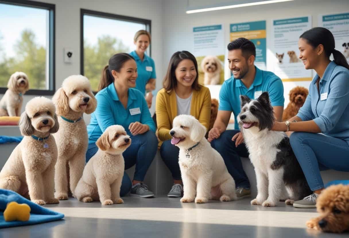 People interacting with hypoallergenic dogs and shelter staff in a bright, welcoming animal shelter preparing for adoption. People interacting with hypoallergenic dogs and shelter staff in a bright, welcoming animal shelter preparing for adoption.