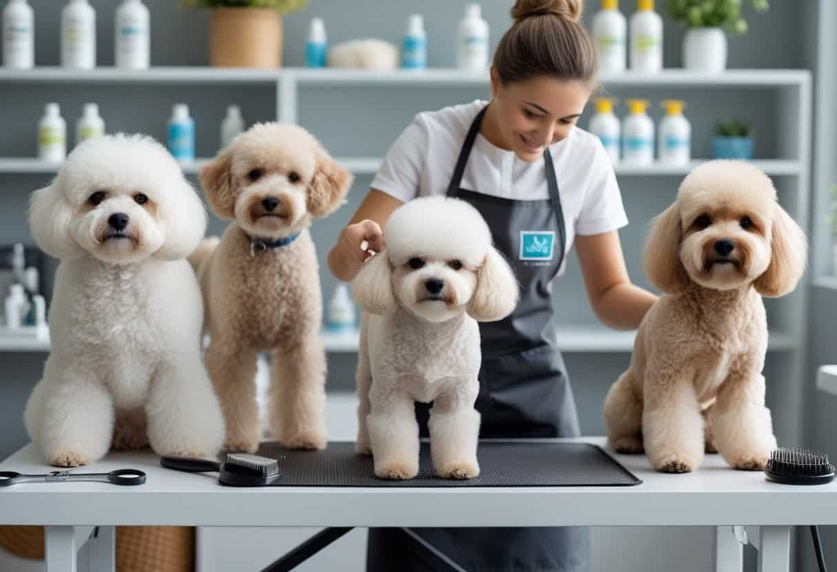 Several hypoallergenic dogs being gently groomed by a person in a clean indoor setting with grooming tools and pet care products nearby. Several hypoallergenic dogs being gently groomed by a person in a clean indoor setting with grooming tools and pet care products nearby.