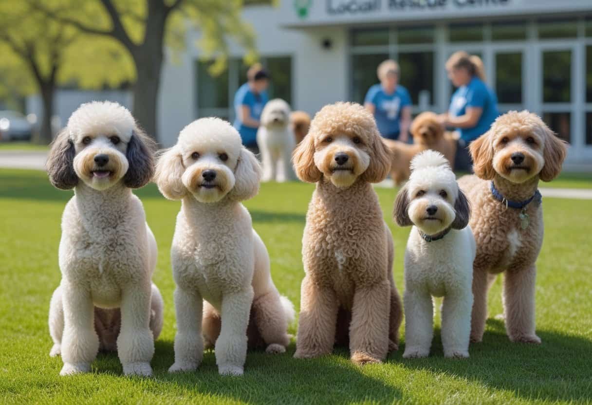 Several poodles and poodle mix dogs sitting and standing on grass in a sunny park near a dog rescue center. Several poodles and poodle mix dogs sitting and standing on grass in a sunny park near a dog rescue center.
