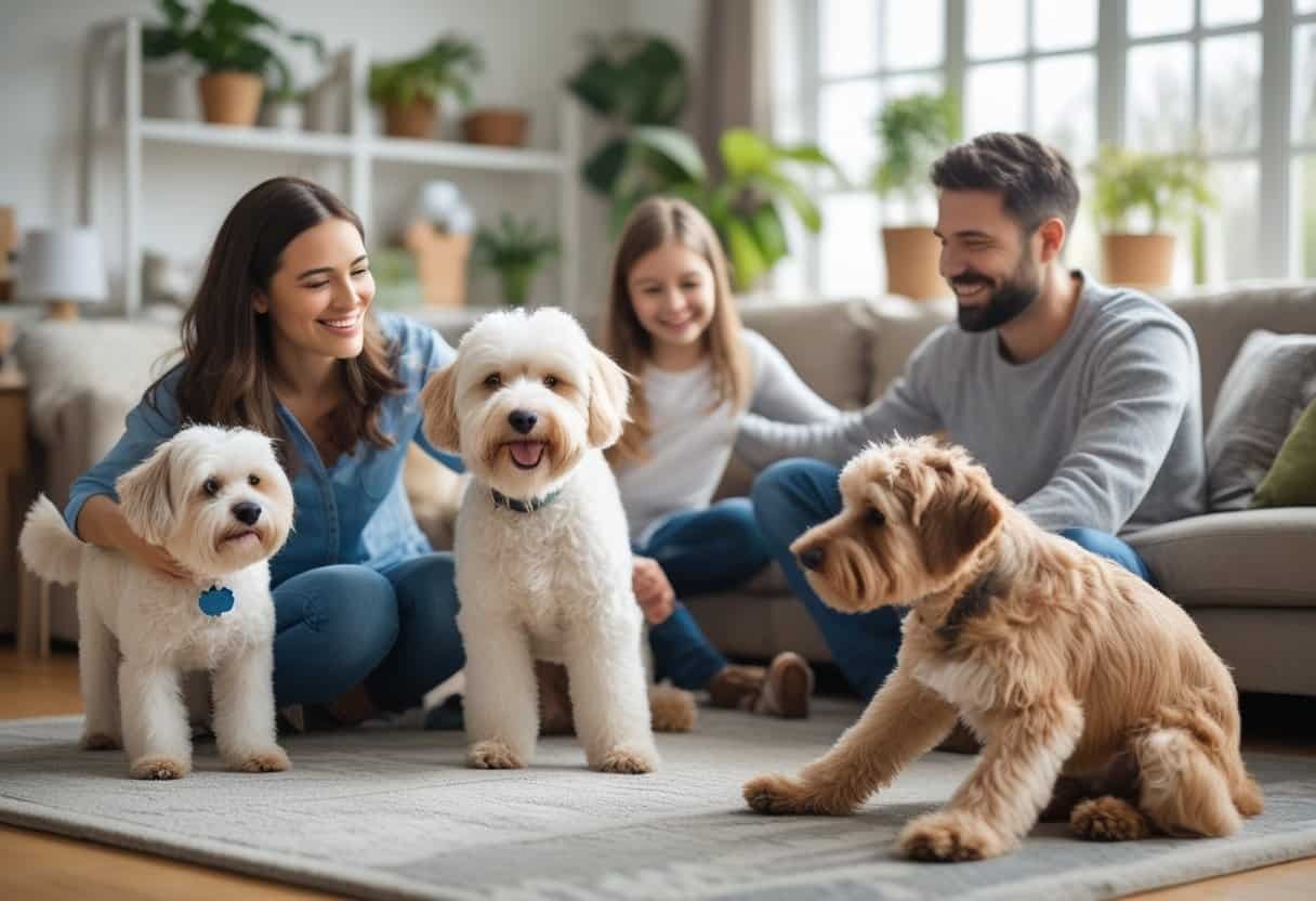 A family in a bright living room interacting with several hypoallergenic dog breeds, including a Bichon Frise, Labradoodle, and Bedlington Terrier. A family in a bright living room interacting with several hypoallergenic dog breeds, including a Bichon Frise, Labradoodle, and Bedlington Terrier.