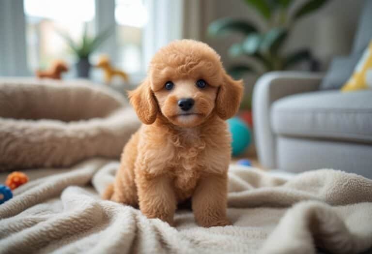 A fluffy apricot poodle puppy sitting on a blanket in a cozy living room with dog toys and a plant in the background.