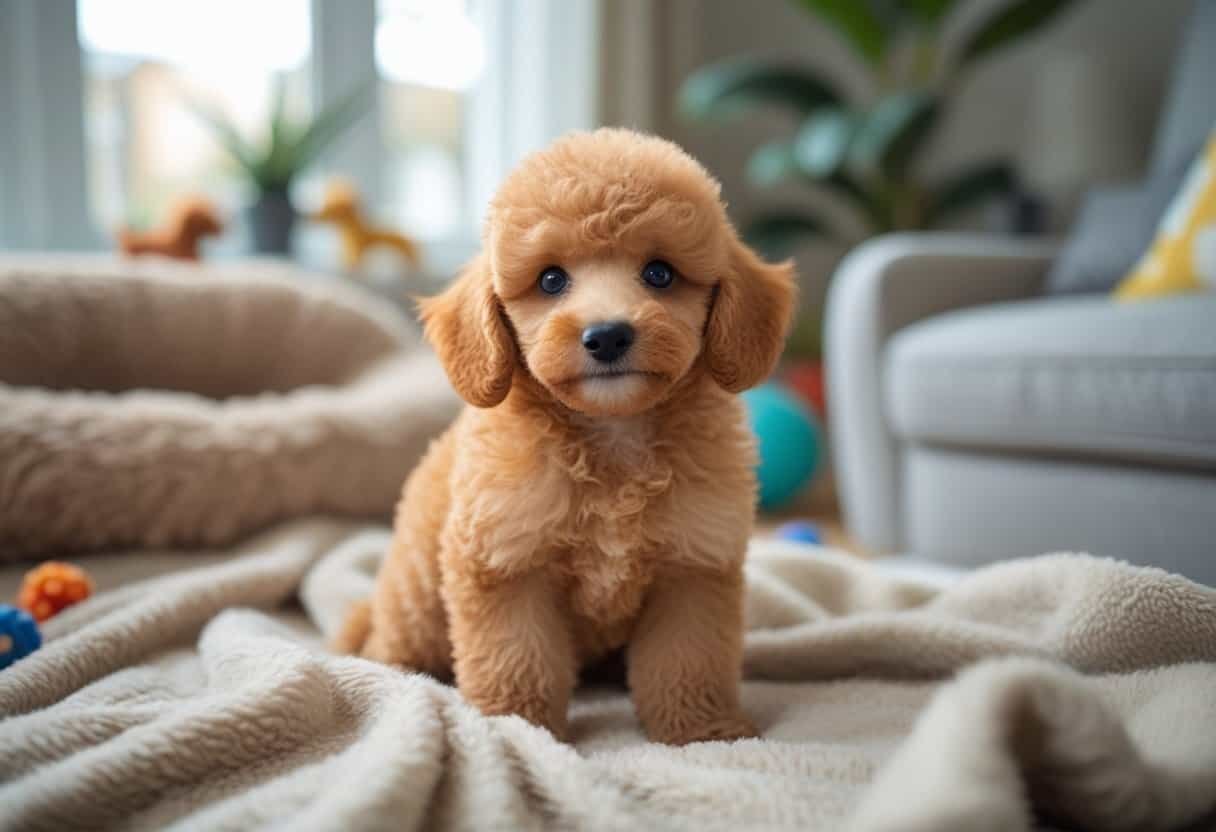 A fluffy apricot poodle puppy sitting on a blanket in a cozy living room with dog toys and a plant in the background.