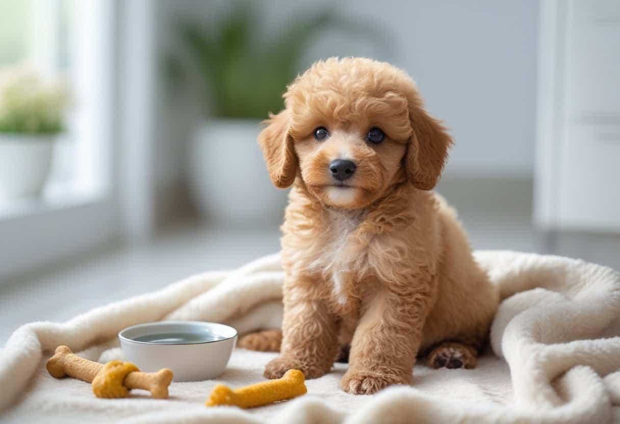 A healthy apricot-colored poodle puppy sitting on a soft blanket indoors with a water bowl and chew toy nearby. A healthy apricot-colored poodle puppy sitting on a soft blanket indoors with a water bowl and chew toy nearby.