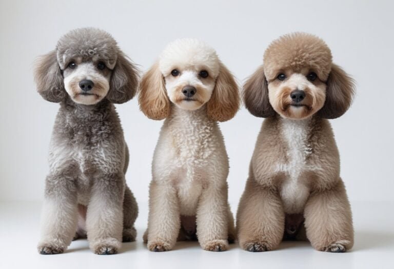 Three poodles of different sizes standing side by side on a white background.