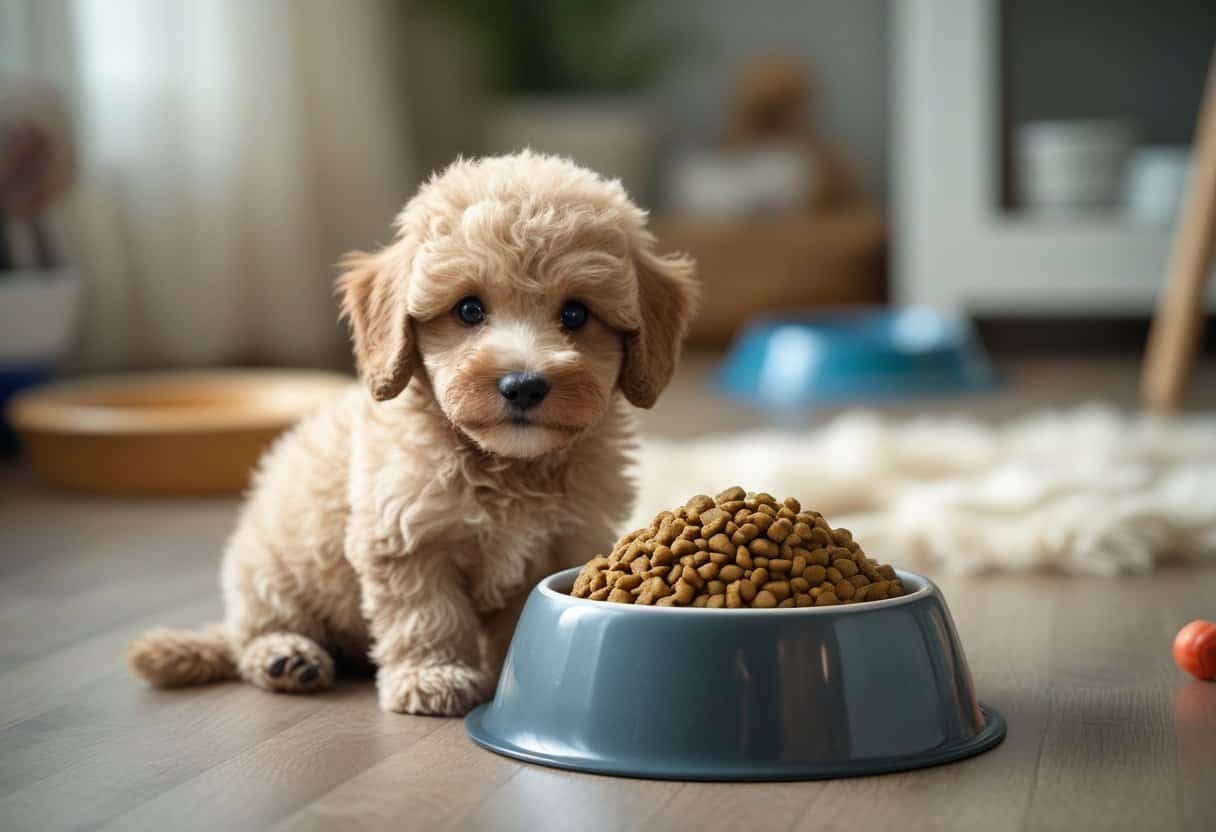 A poodle puppy sitting next to a bowl of dog food indoors. A poodle puppy sitting next to a bowl of dog food indoors.
