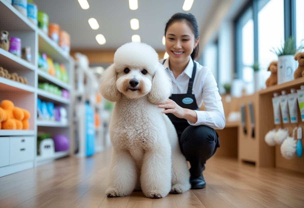 A white poodle sitting on a wooden floor inside a pet store with a smiling employee petting the dog. A white poodle sitting on a wooden floor inside a pet store with a smiling employee petting the dog.