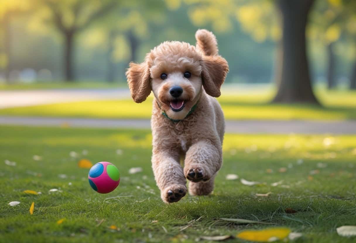 A poodle puppy running and playing with a ball in a green park on a sunny day. A poodle puppy running and playing with a ball in a green park on a sunny day.