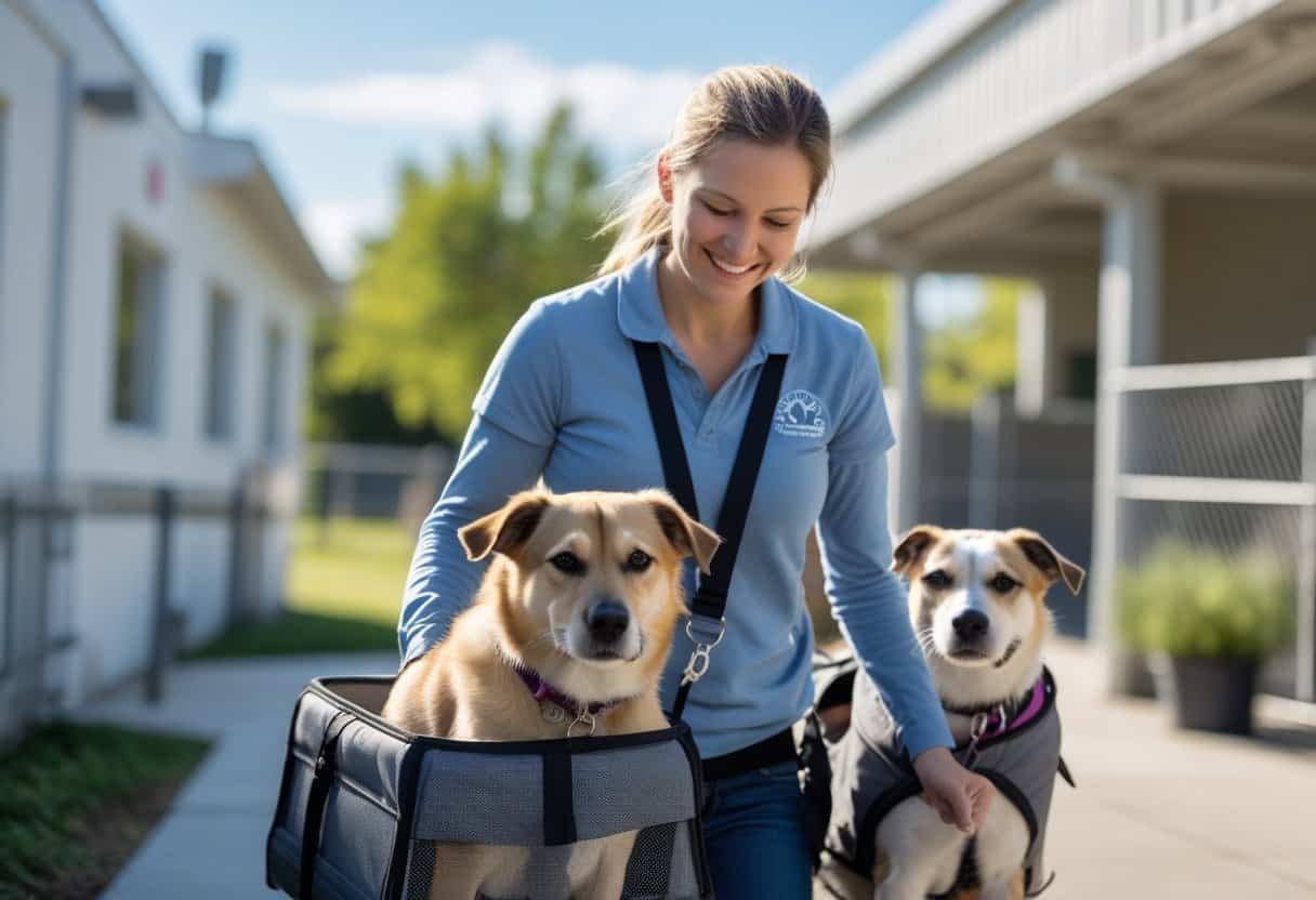 A volunteer carefully transporting dogs outdoors near an animal shelter for safety and adoption. A volunteer carefully transporting dogs outdoors near an animal shelter for safety and adoption.