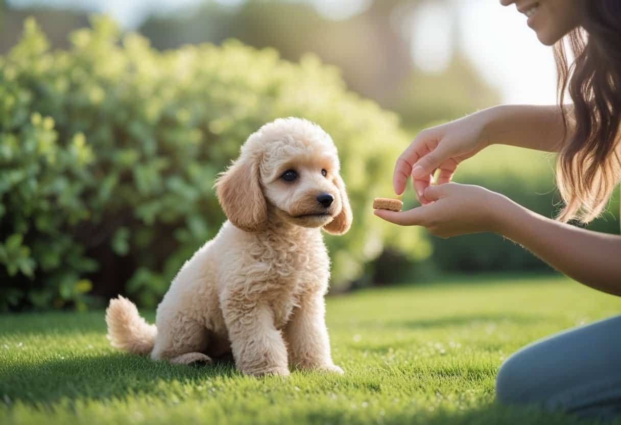 A small cream-colored poodle puppy sitting on grass, looking attentively at a person’s hand offering a treat outdoors. A small cream-colored poodle puppy sitting on grass, looking attentively at a person’s hand offering a treat outdoors.