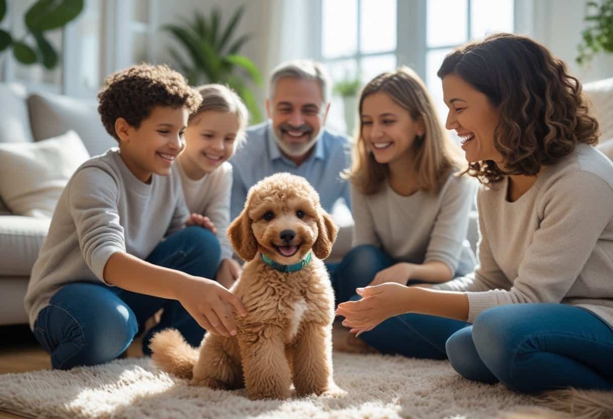 A family happily interacting with a playful poodle puppy in a bright living room. A family happily interacting with a playful poodle puppy in a bright living room.