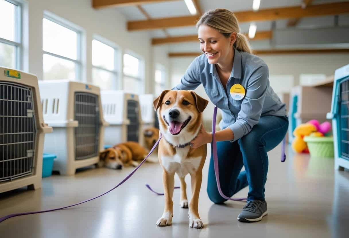 A volunteer petting a happy dog inside an animal shelter with kennels and toys in the background. A volunteer petting a happy dog inside an animal shelter with kennels and toys in the background.